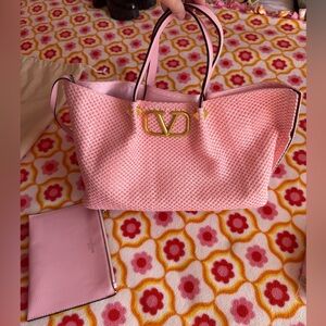 Pink Faux Designer Straw Tote Beach Shoulder Bag